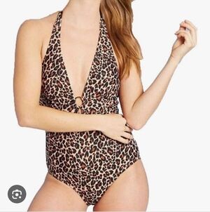 Kona Sol Cheetah Print Deep Vneck Women's One Piece Bathing Suit Size M